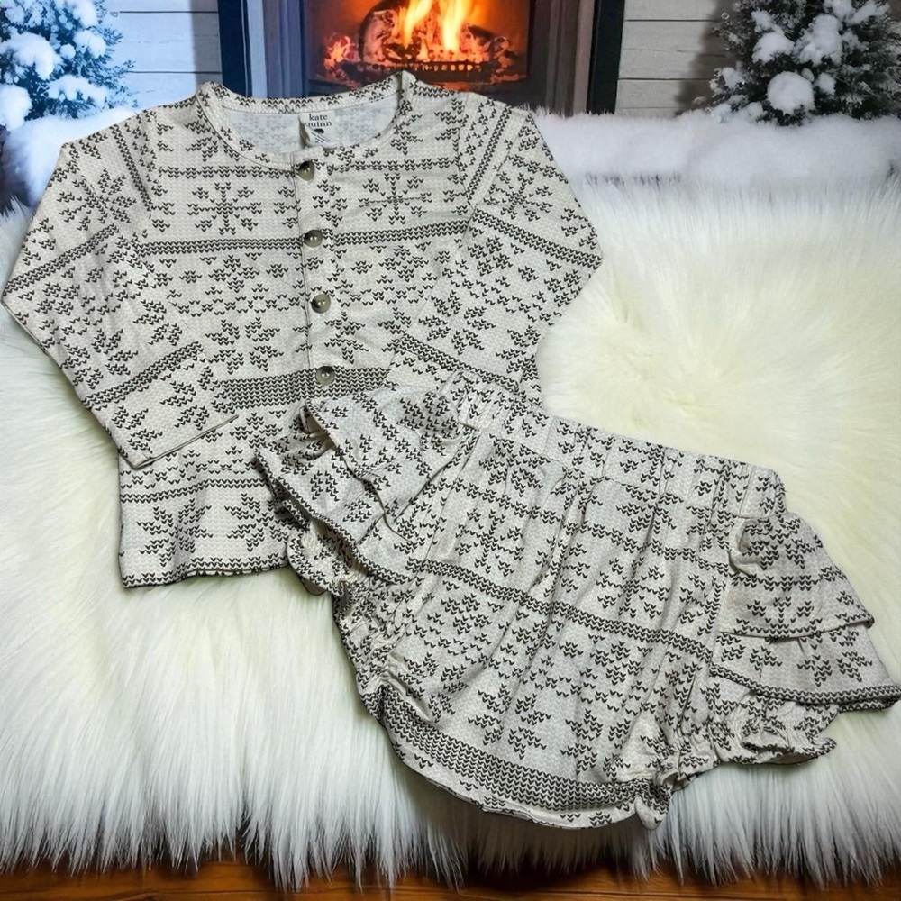 NEW Kate Quinn Ivory Snowflake Printed Holiday Set Ruffle Butt Bamboo 12-18mo